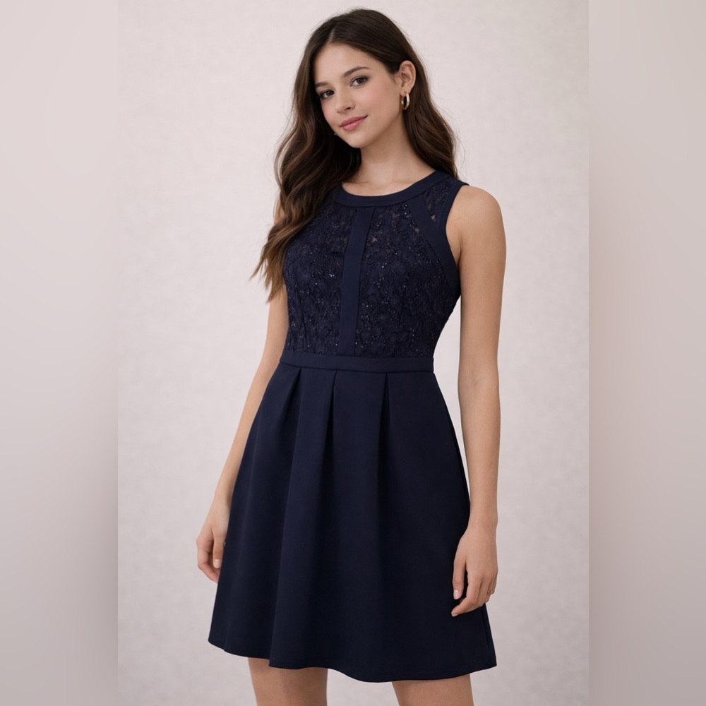 California Vintage Navy Lace Fit & Flare mini Dress Size 8 Elegant Sleeveless